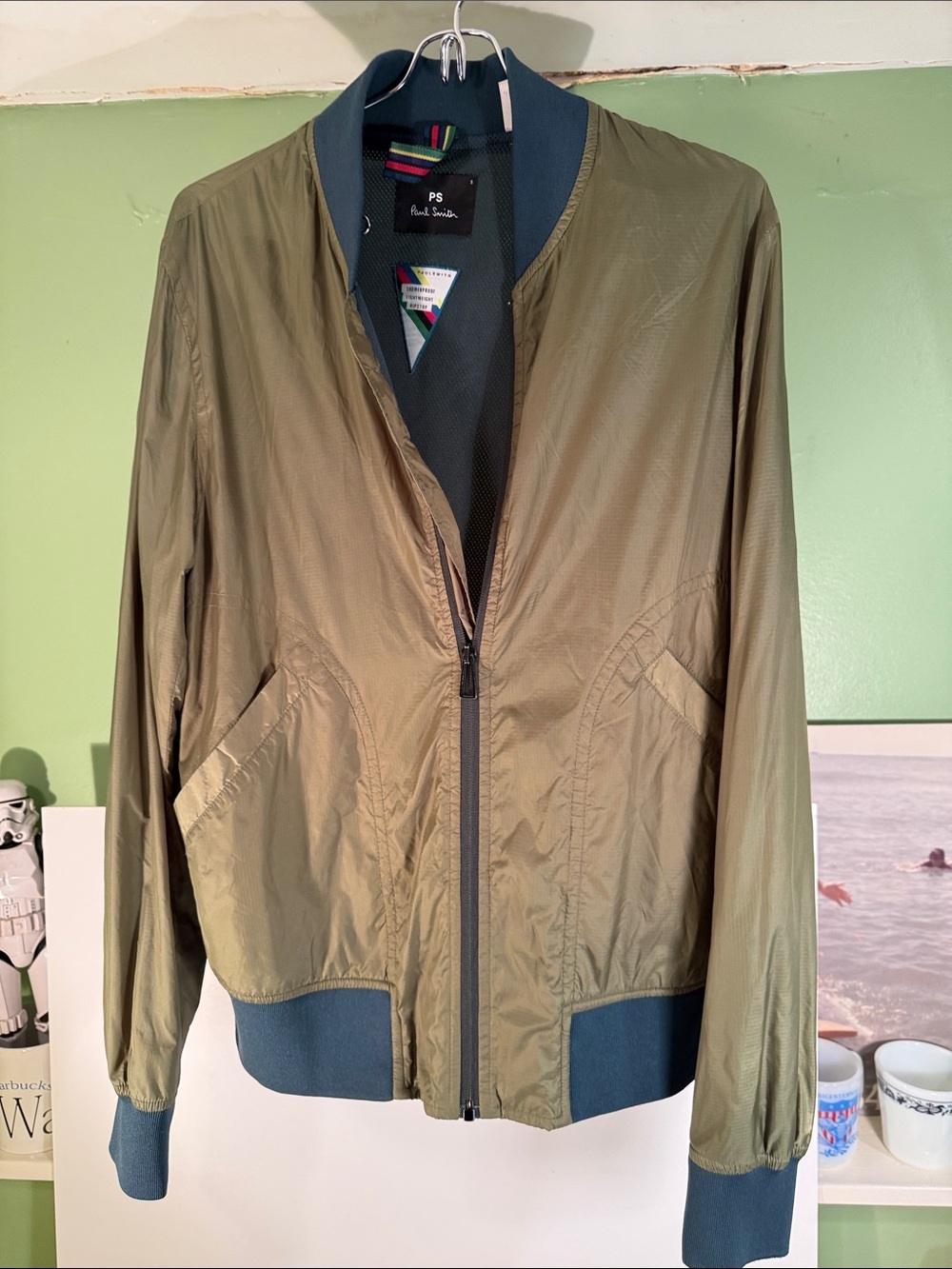 PS Paul Smith Olive Green Bomber Jacket with Dark Teal Trim